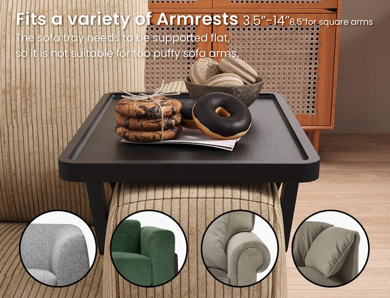 Danfoxer 2 Pack Couch Arm Tray,Bamboo Folding Sofa Tray,Sofa Armrest Trays Clip-On Couch Desk for Drinks,Snacks,Phone,Remote Control（Black） - Image 4